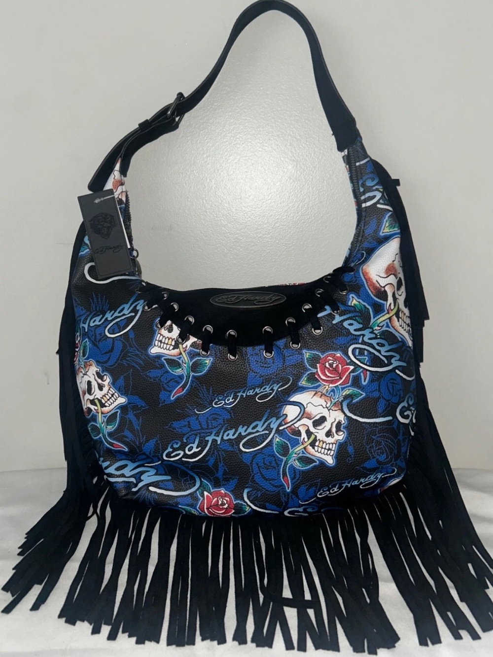 NEW! ED HARDY Y2K Fringe Skull Hobo Shoulder Bag Black/Blue
